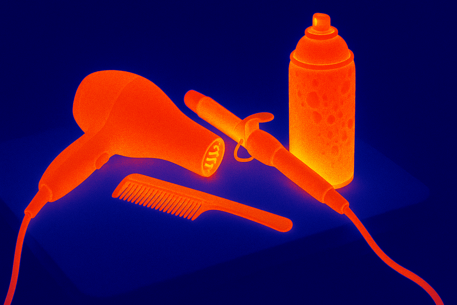 A hairdryer lay face down, coils glowing cherry. A curling iron baked a plastic comb, cord stretched taut to a receptacle. Worst of all, an aerosol styling-spray can leaned against both devices, paint already blistering.
