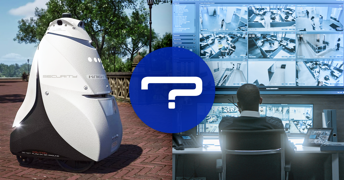 Image split in two with an autonomous security robot on one side and a security guard monitoring screens on the other. In the center there is a blue circle with a question mark between them.