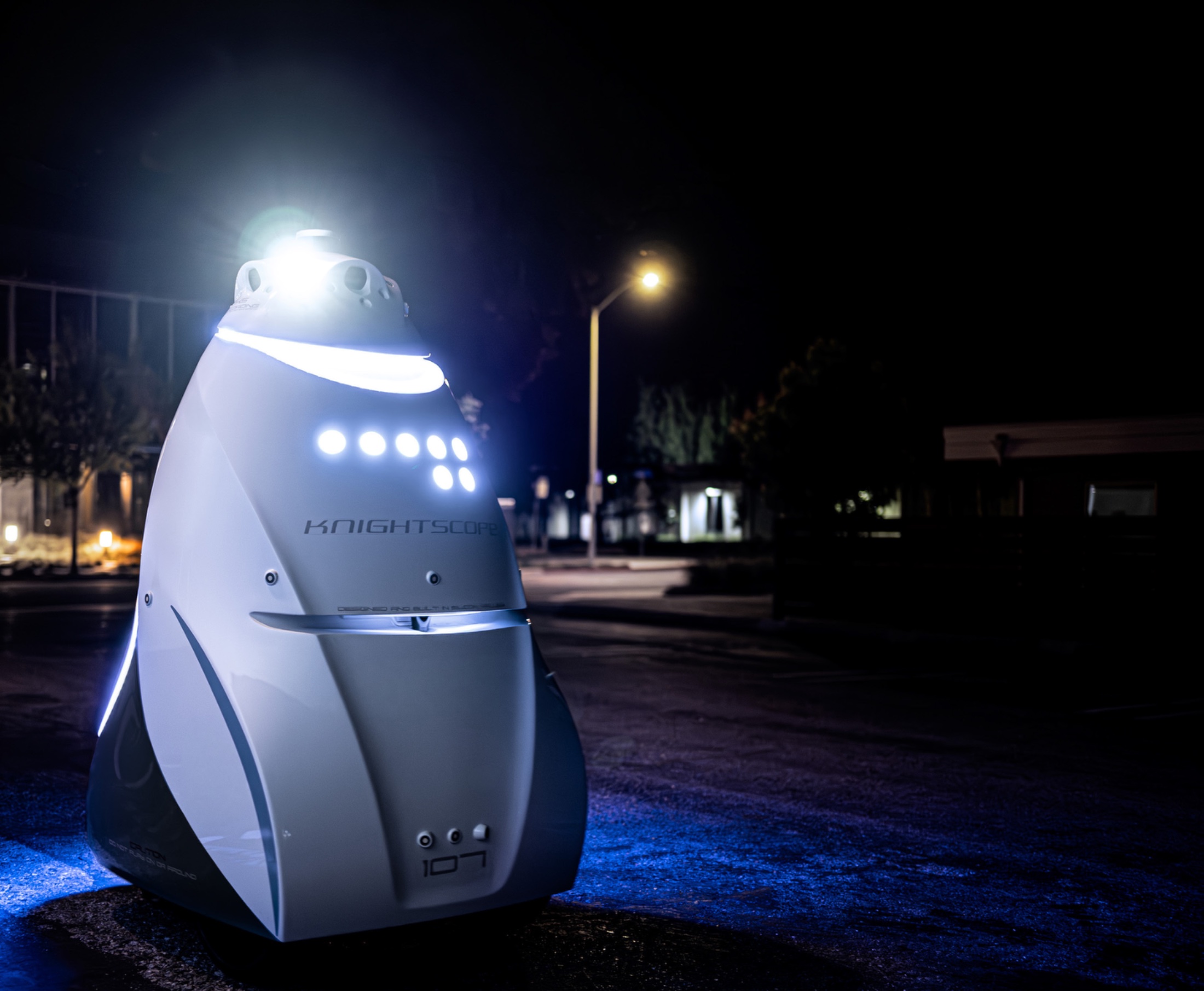 Knightscope K5 autonomous security robot patrolling at night