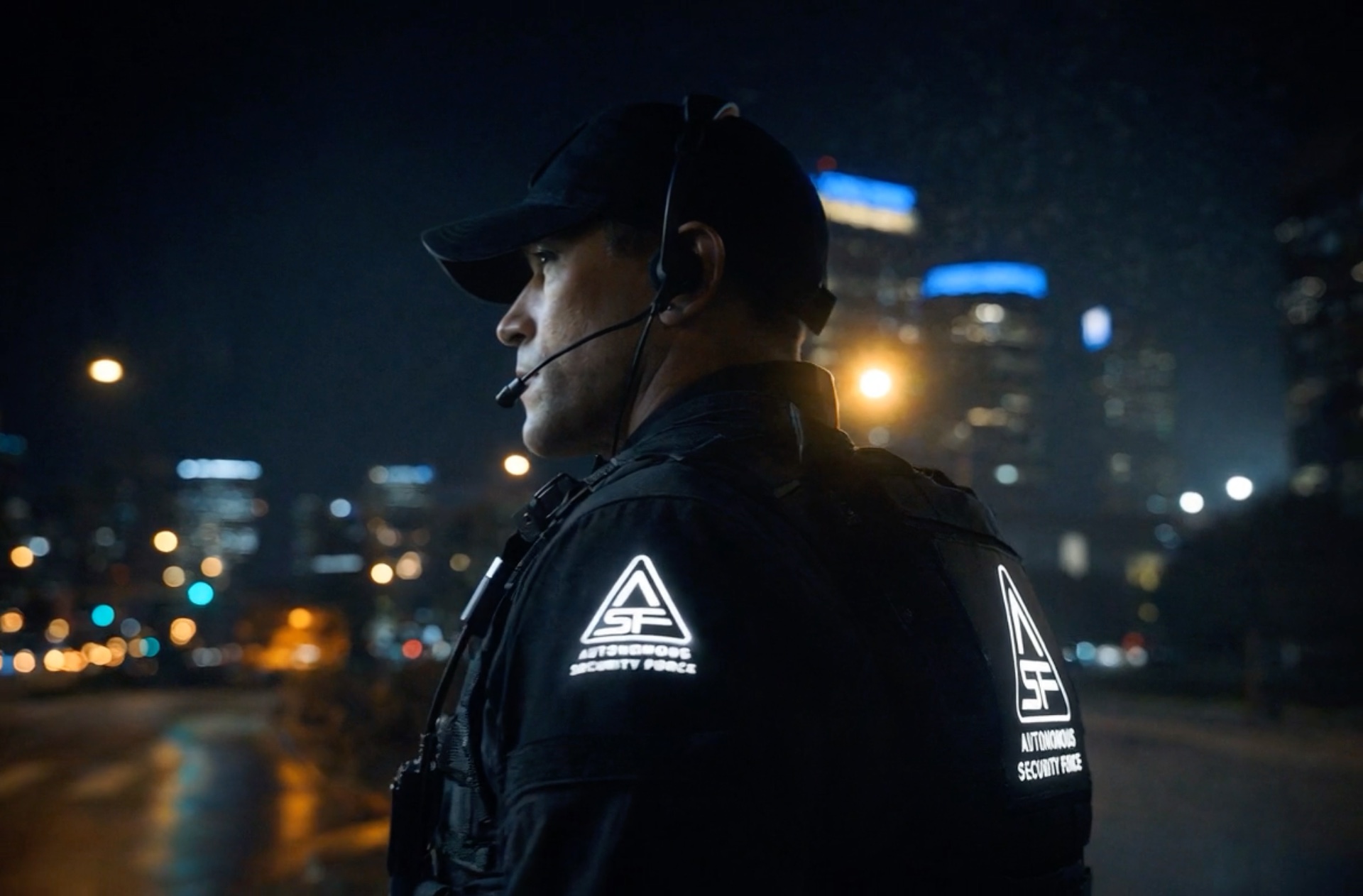 An Augmented Security Agent on post at night, ASF insignia on the uniform, city skyline behind